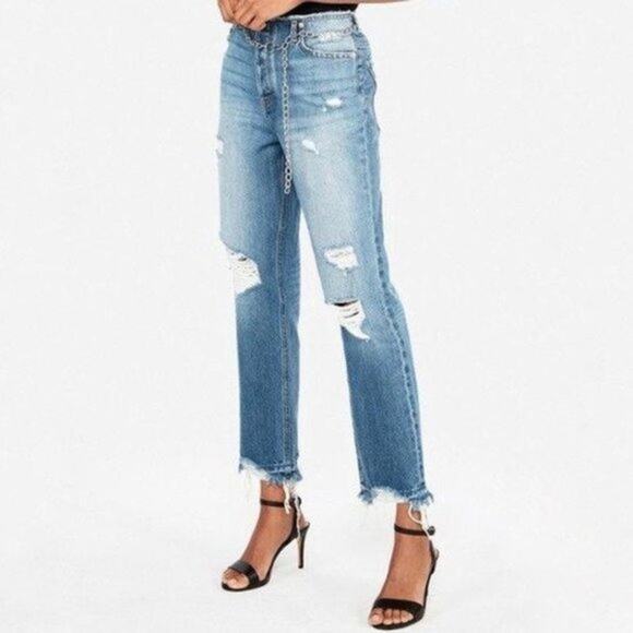 Express Straight Ankle Jeans 8 High Rise Waist Distressed Chain Raw Hem Blue NWT - Picture 1 of 13